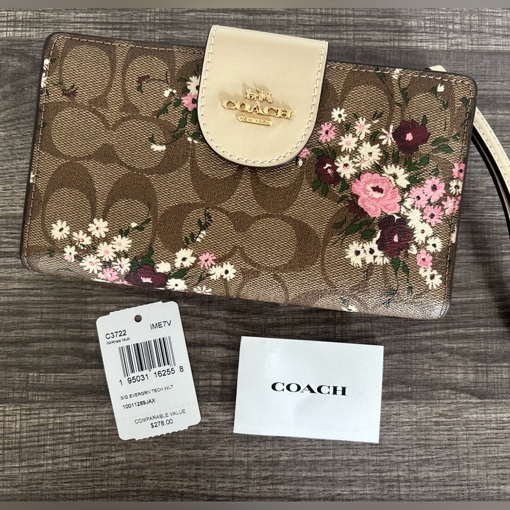Coach Tech Phone Wallet in Signature Canvas with Evergreen Floral Print - Picture 9 of 11